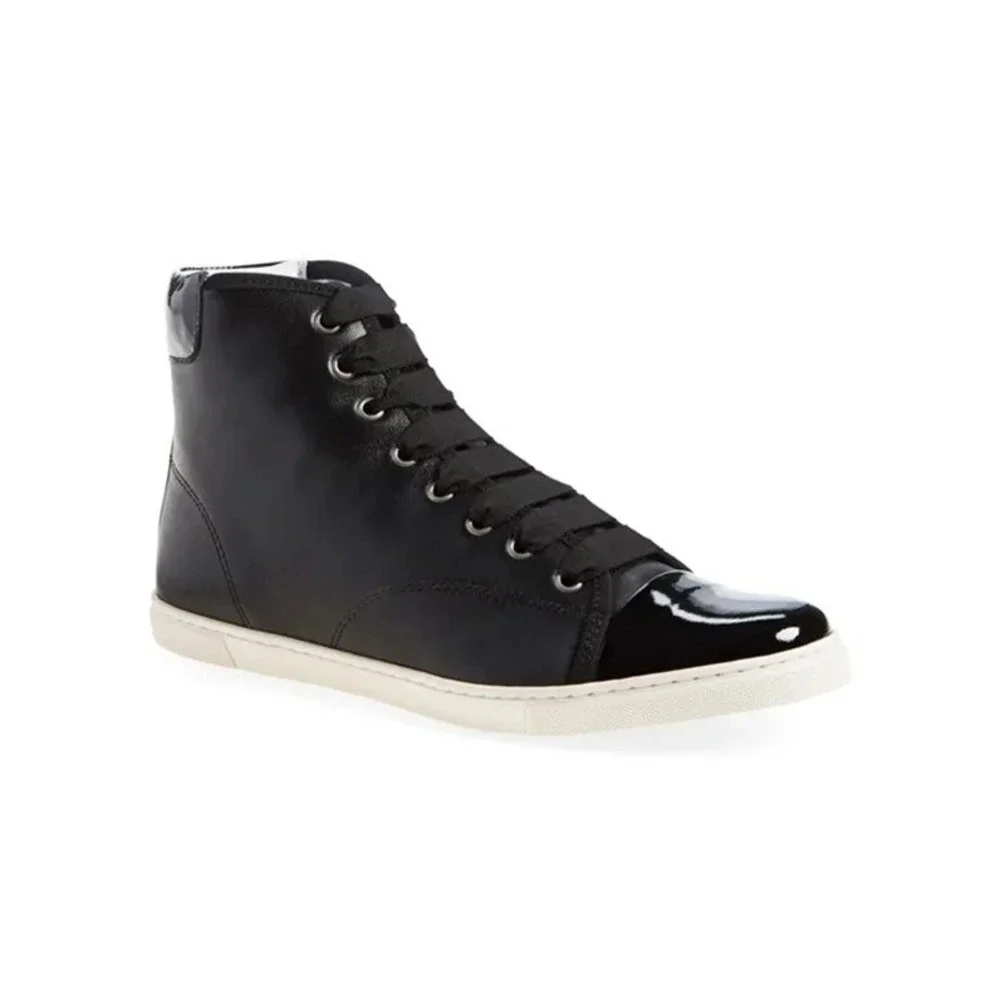 Lanvin Hi-Top Sneakers Womens 37 Black Good Patent Cap Toe Leather Ribbon Laces